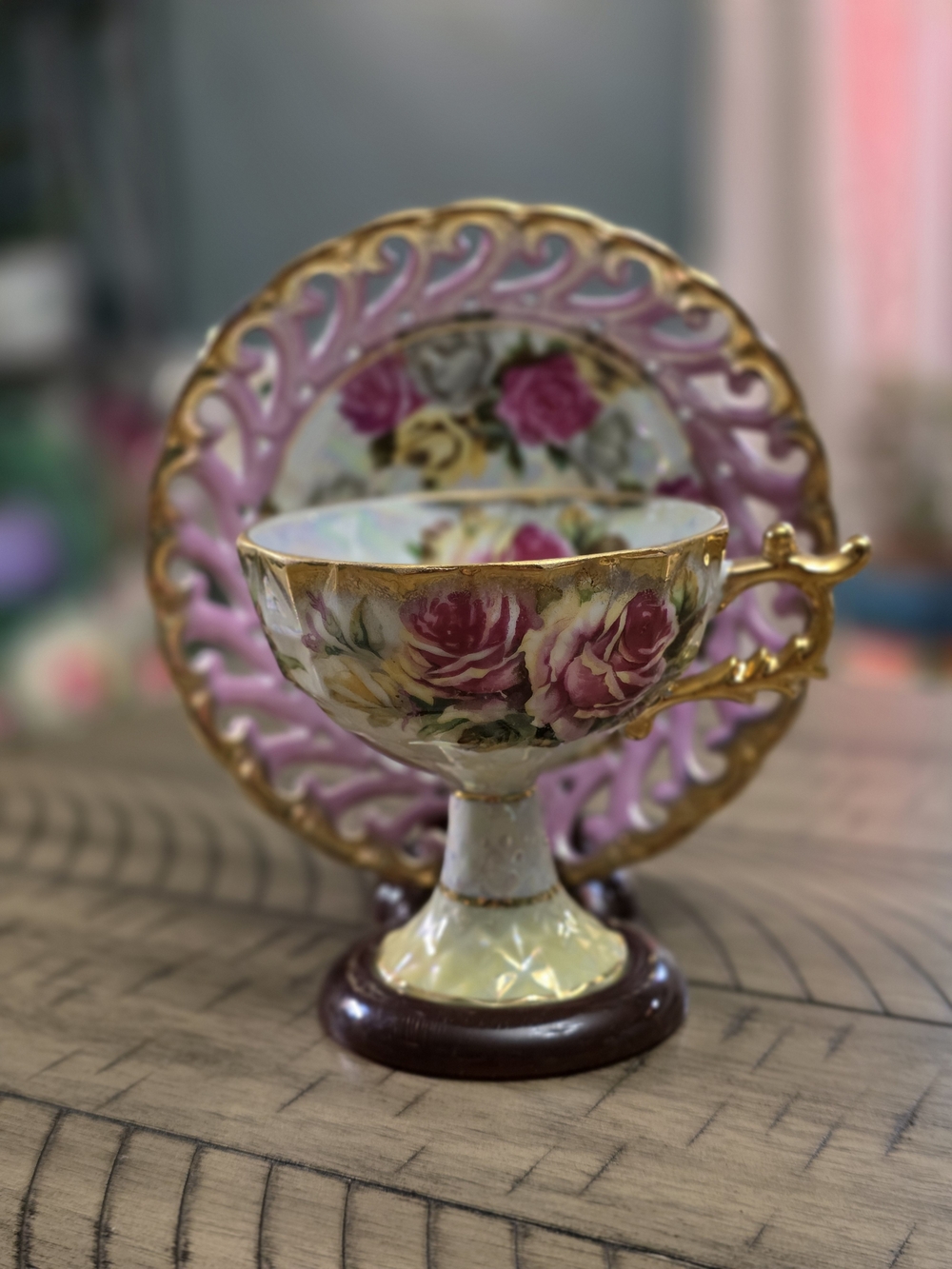 Vintage Floral Porcelain Teacup and Saucer - Pink, Gold Rose Pattern